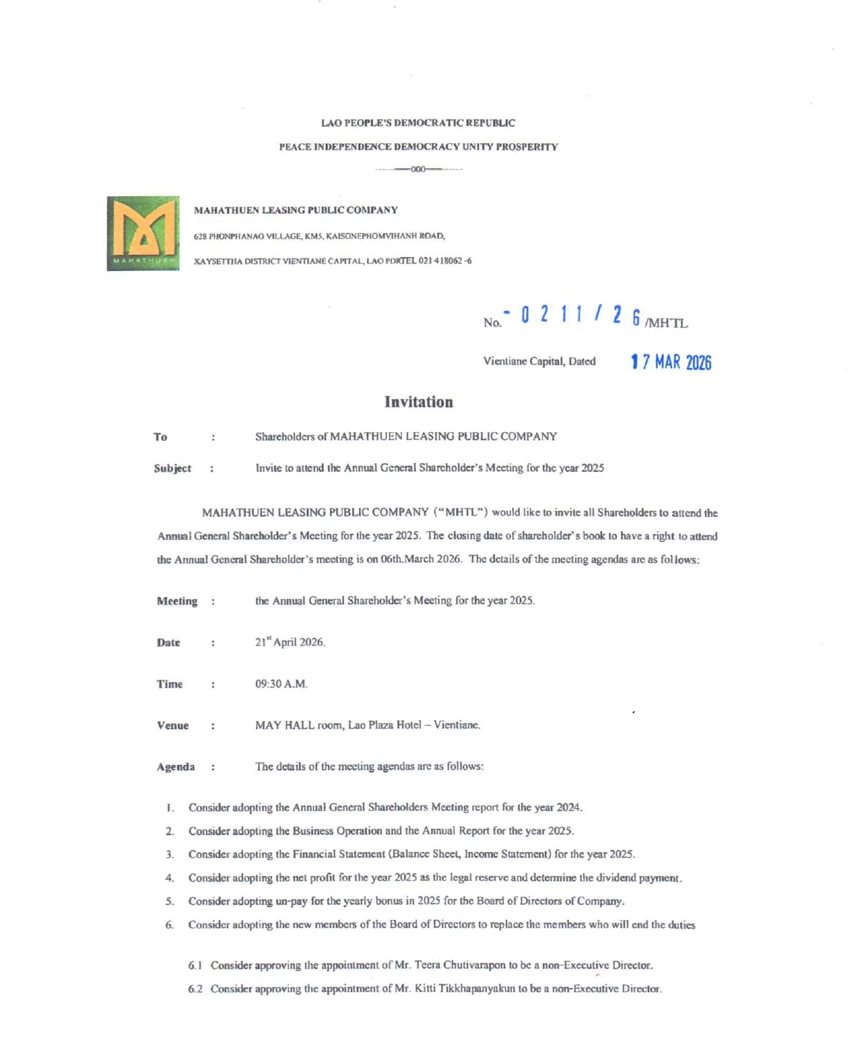 Invitation AGM of MHTL 2025 Home page 0001 